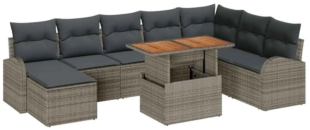 Conjunto de Jantar de Jardim de 9 Peças com Almofadas Cinza em Rattan