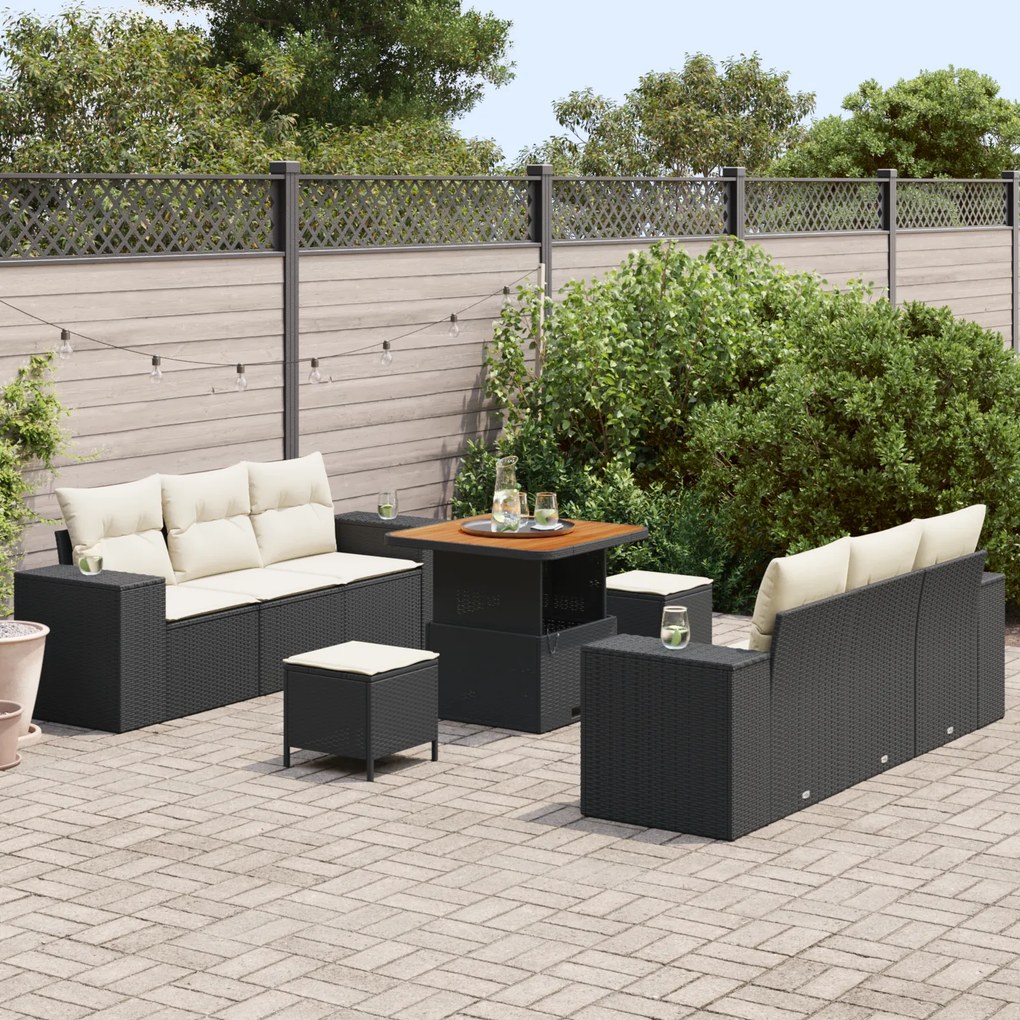 Conjunto de Sofá para Jardim vidaXL 9 Peças com Almofadas Preto Vime P