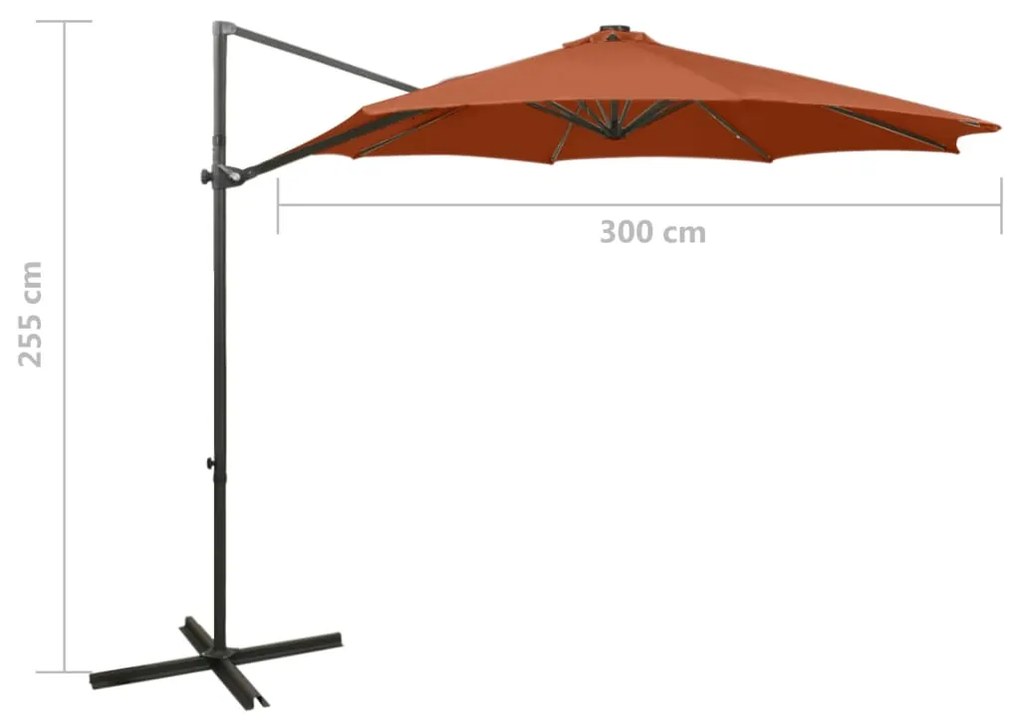 Guarda-sol cantilever c/ poste e luzes LED 300 cm terracota