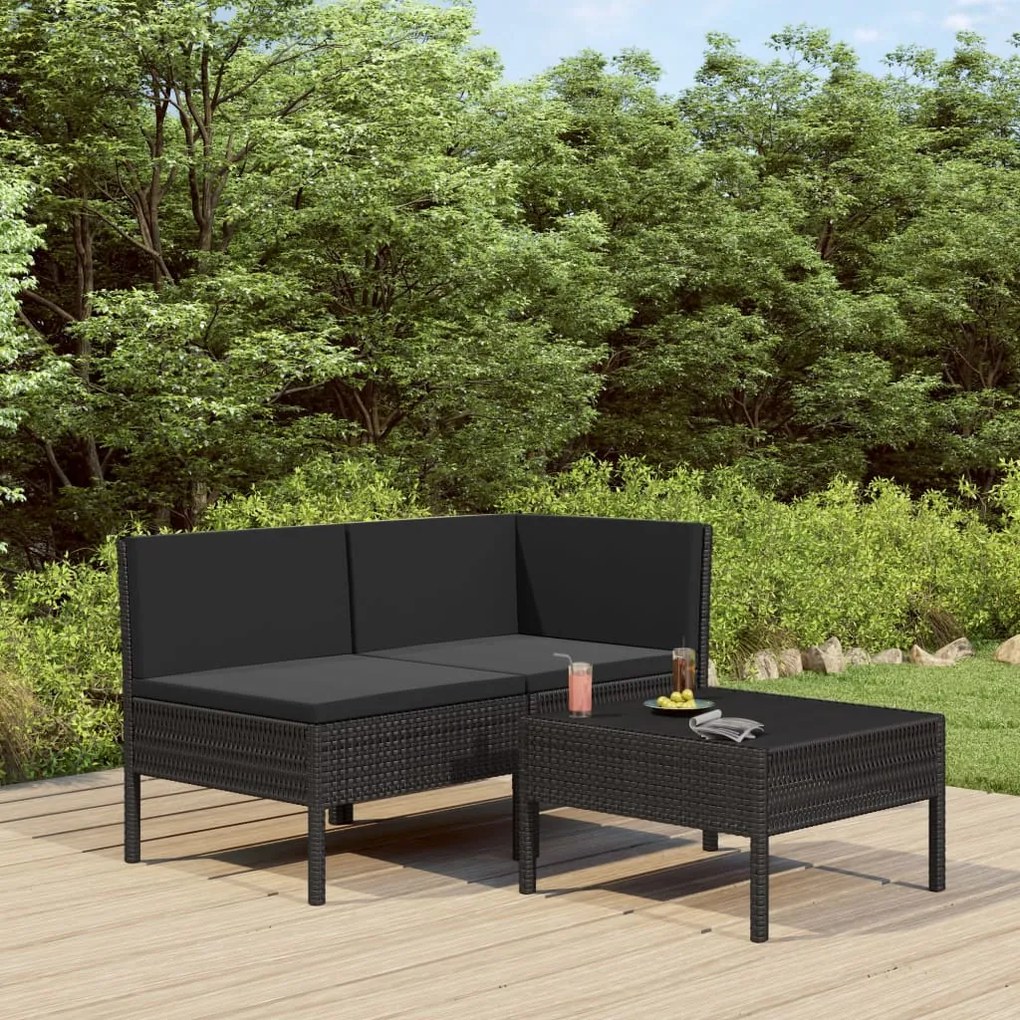 vidaXL 3 pcs conjunto lounge de jardim c/ almofadões vime PE preto