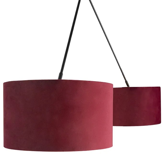 Candeeiro de suspensão preto com abajures de veludo vermelho e dourado 35 cm 2 luzes - Blitz Clássico / Antigo