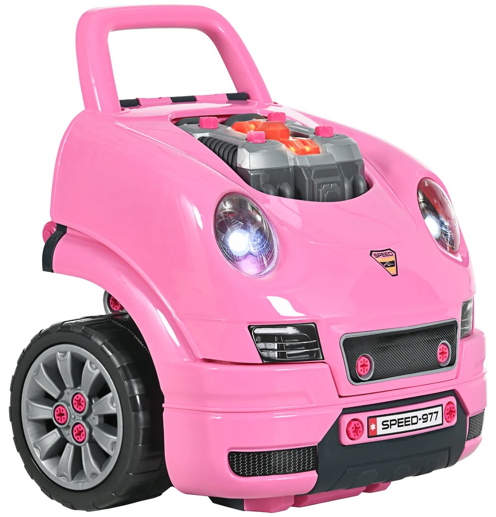 HOMCOM Caminhão Motor Crianças 61 Peças Volante Buzina Faróis Armazenamento Rodas 40x39x47 cm Rosa Brilhante Divertido | Aosom Portugal