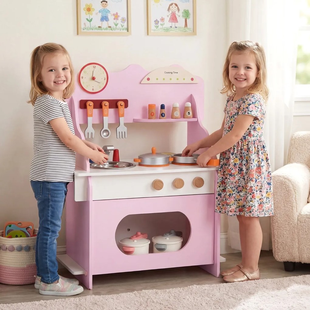 Cozinha de brincar em madeira para crianças 52 x 29,5 x 71 cm com relógio, fogão, prateleira, especiarias, torneira, lava-louças e forno para maiores