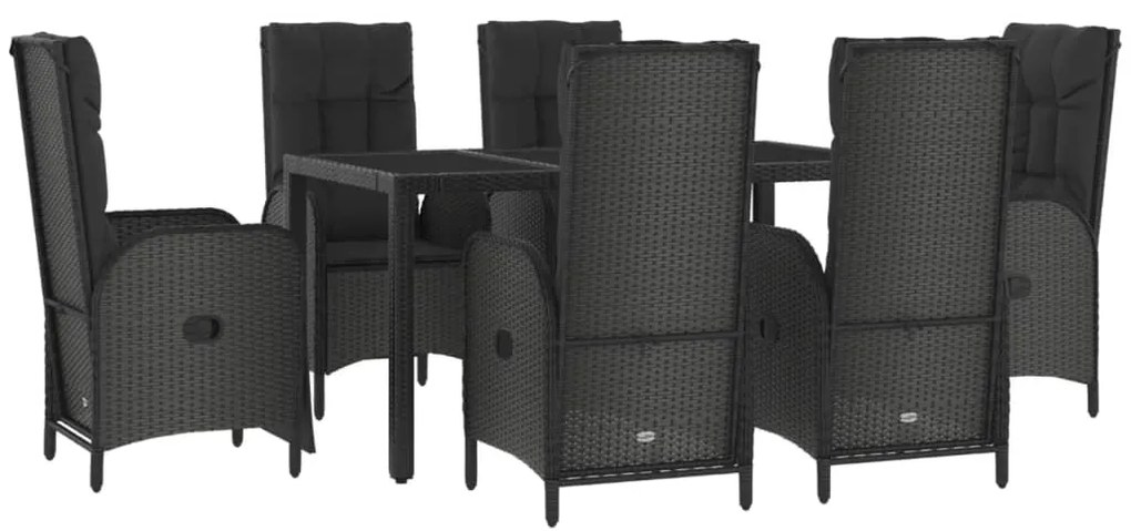 7 pcs conjunto de jantar p/ jardim c/ almofadões vime PE preto