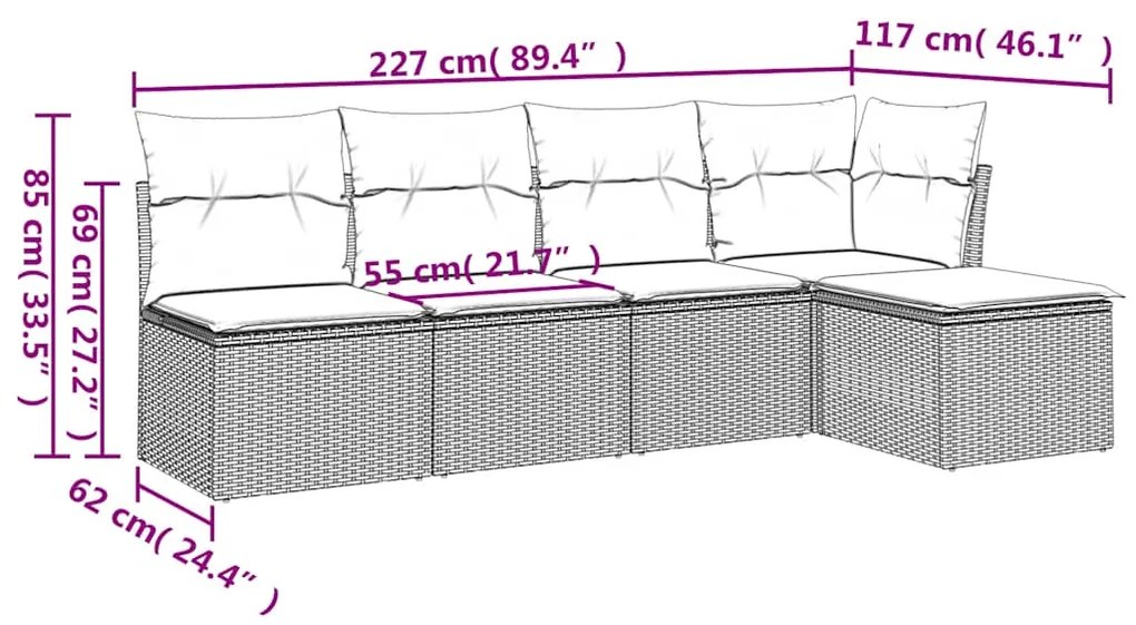 5 pcs conj. sofás jardim c/ almofadões vime PE cinzento-claro