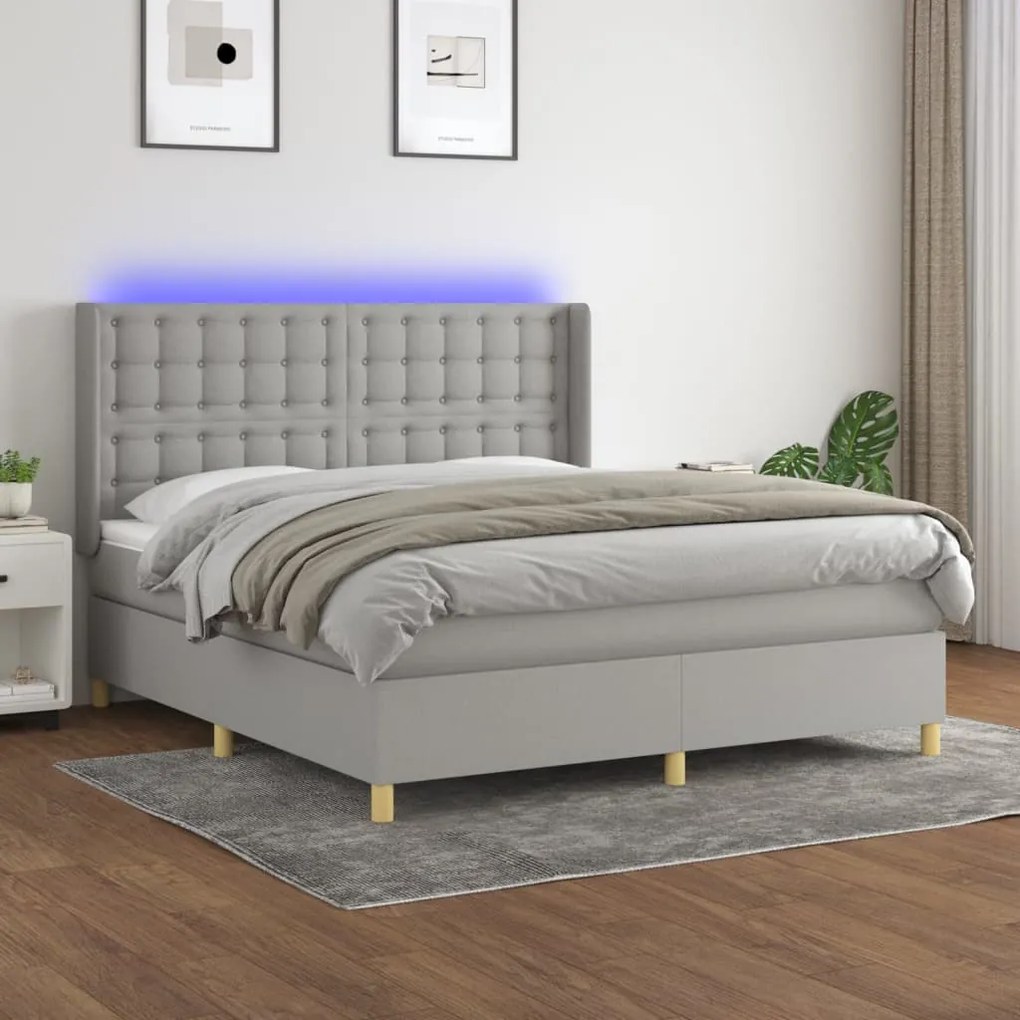 Cama box spring c/ colchão e LED 180x200 cm tecido cinza-claro