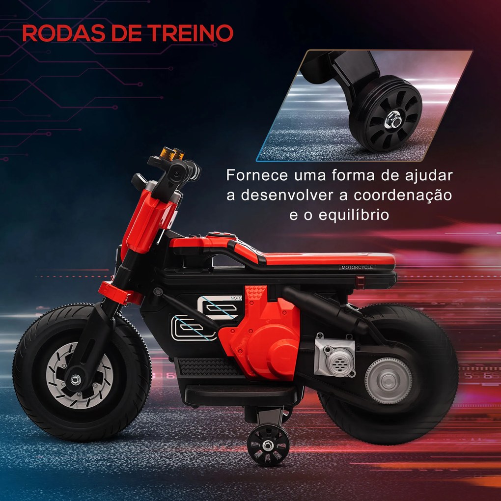 HOMCOM Mota Elétrica Infantil Mota a Bateria 6V com Farol Música Buzina Velocidade 3km/h Avance e Retrocesso e Rodas Auxiliares para Crianças de 3-5 Anos Carga 25kg 86x44x58cm Preto e Vermelho