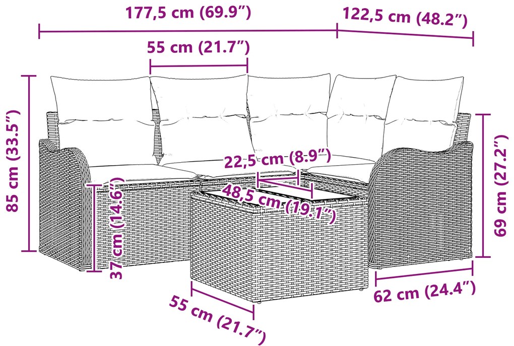 Conjunto de Sofá de Jardim vidaXL de 4 Peças com Almofadas em Rattan S