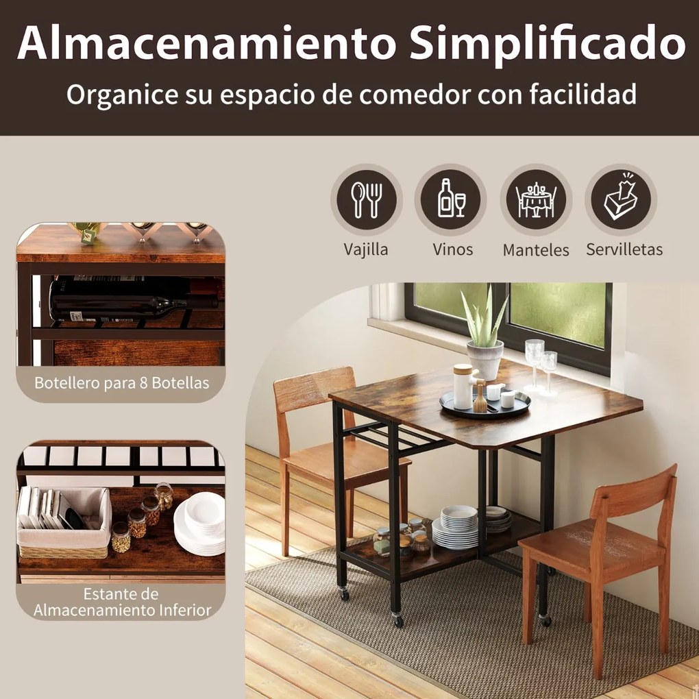 Mesa de jantar 80 x 75 x 75 cmdobrável e extensível com rodas, tampo rebatível, suporte para garrafas e estante de arrumação para espaços reduzidos, C