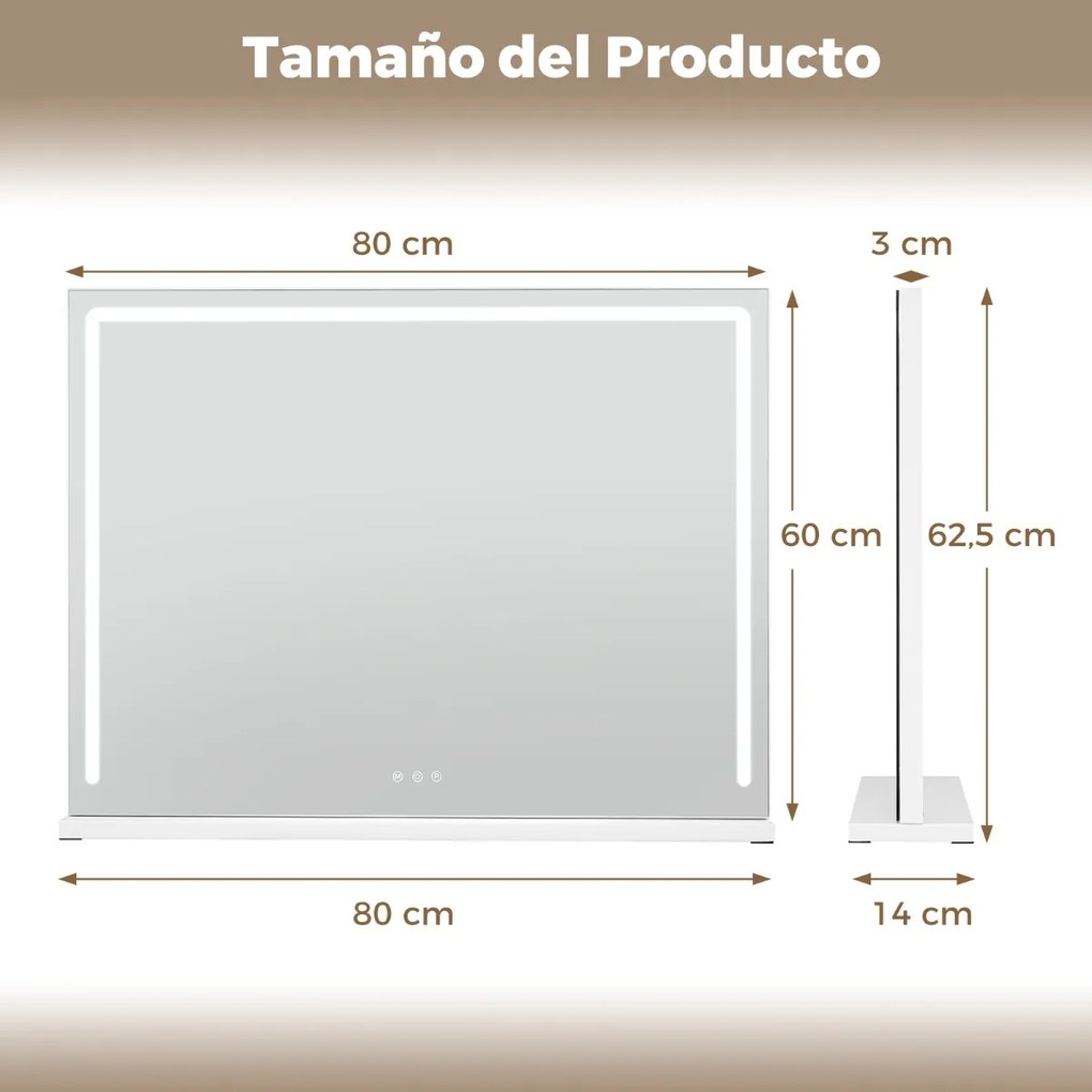 Espelho de Toucador Hollywood, 80 x 14 x 62,5 cm, Iluminação LED com 3 Tons, Branco