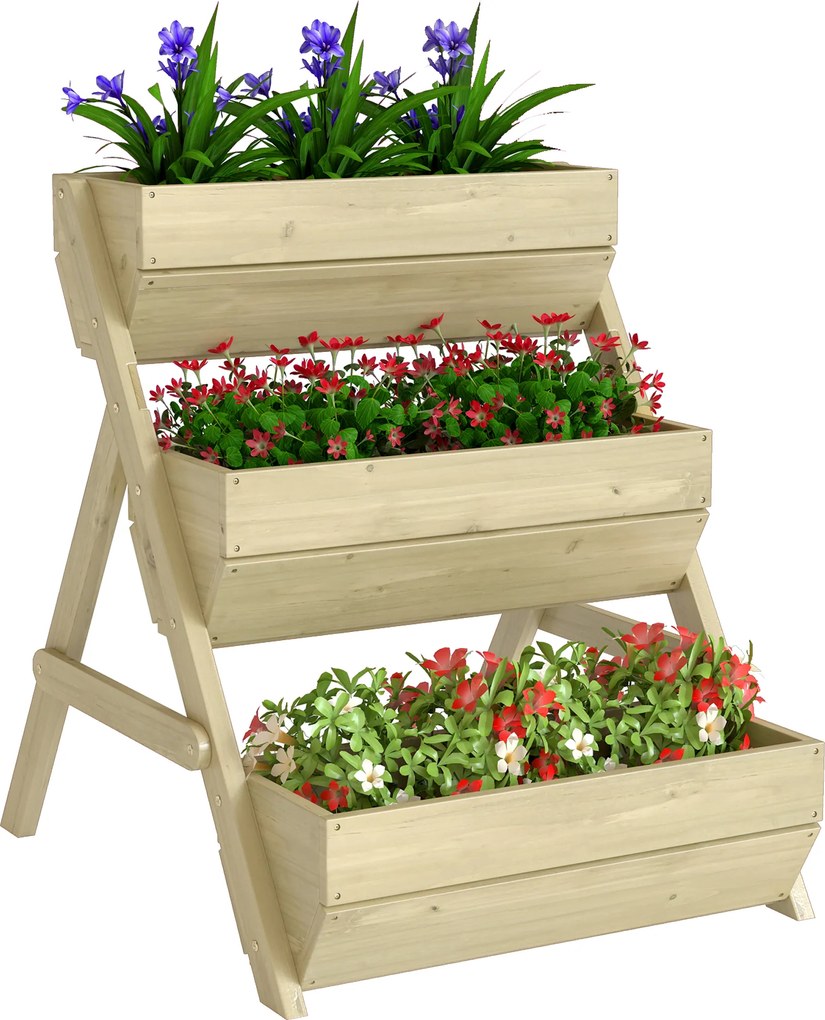 Floreira elevada em madeira com 3 níveis 65 x 75 x 76 cm, prateleira em degraus para plantas com orifícios de drenagem