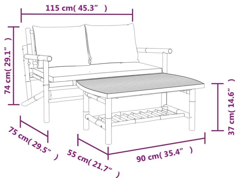 2 pcs conjunto lounge de jardim bambu c/ almofadões branco nata