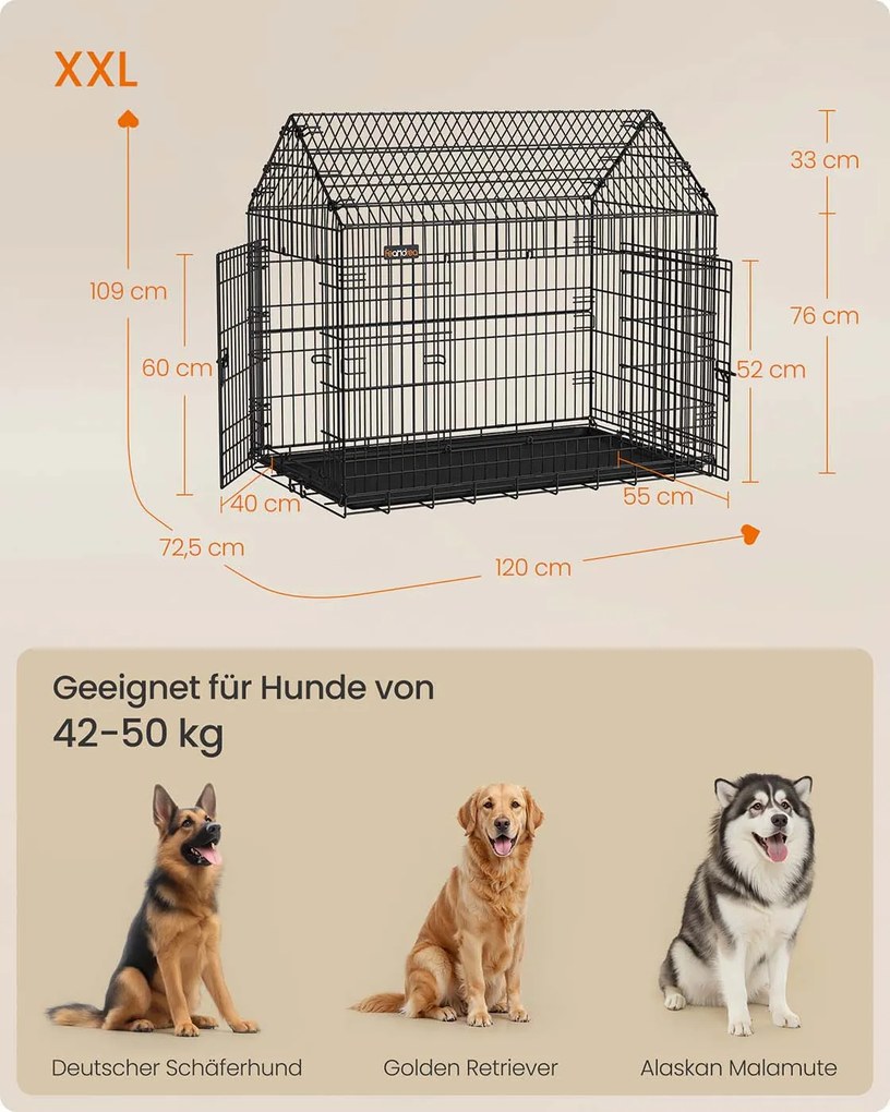 Gaiola dobrável para cães de grande porte com porta dupla 120 x 72,5 x 109 cm Preto