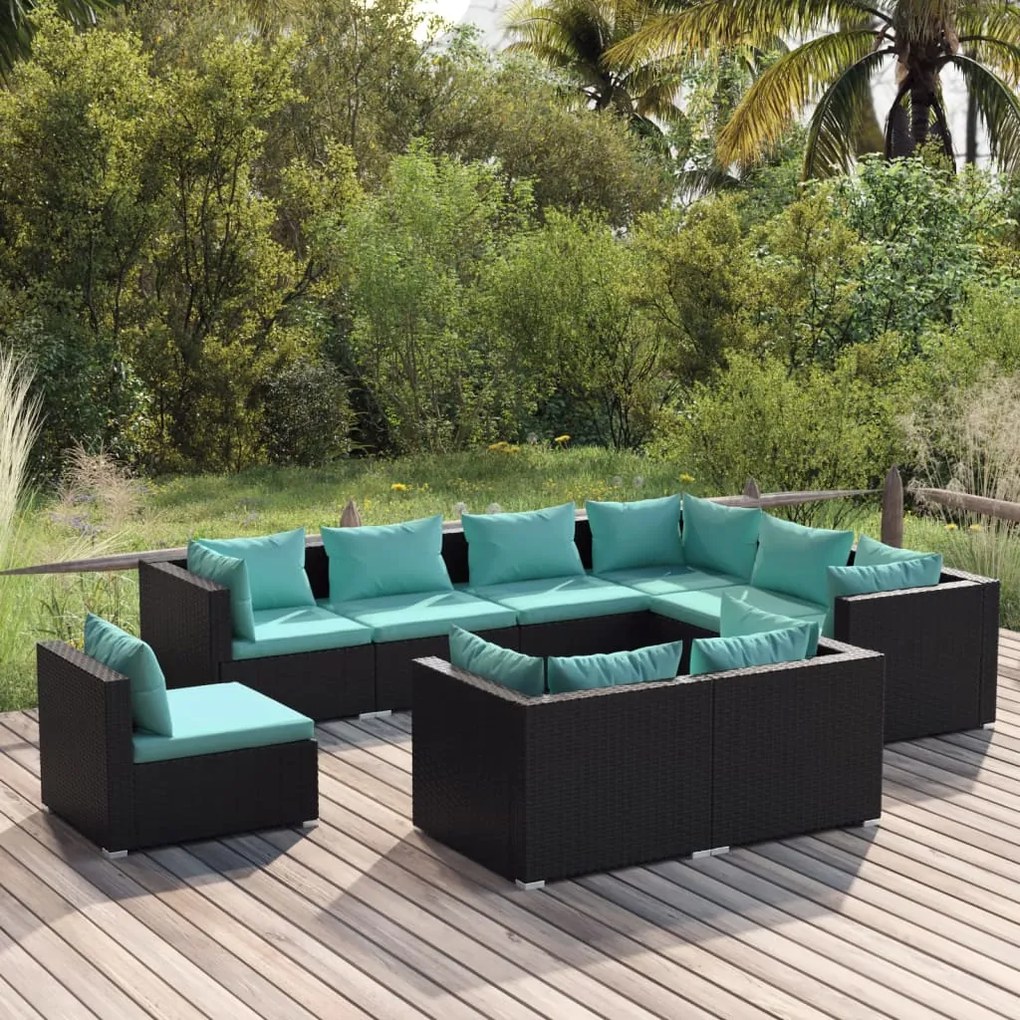 vidaXL 9 pcs conjunto lounge de jardim c/ almofadões vime PE preto