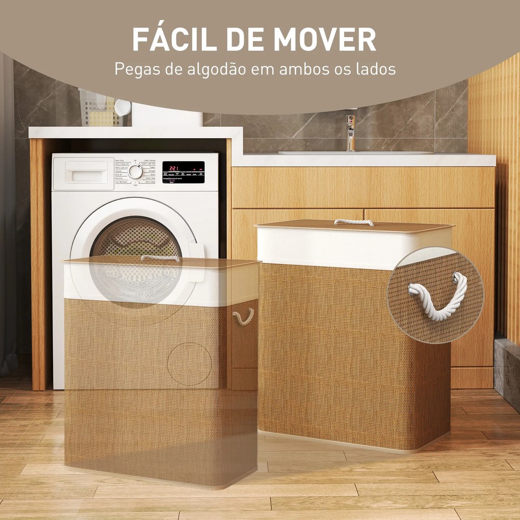 Cesto de Roupa com Tampa 100L de Bambu com 2 Compartimentos Bolsa Interior Amóvivel 52x32x63 cm Castanho e Creme