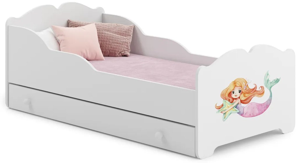 Cama infantil ANNA branca com gaveta 160x80 - sereia - colchão e estrado incluído