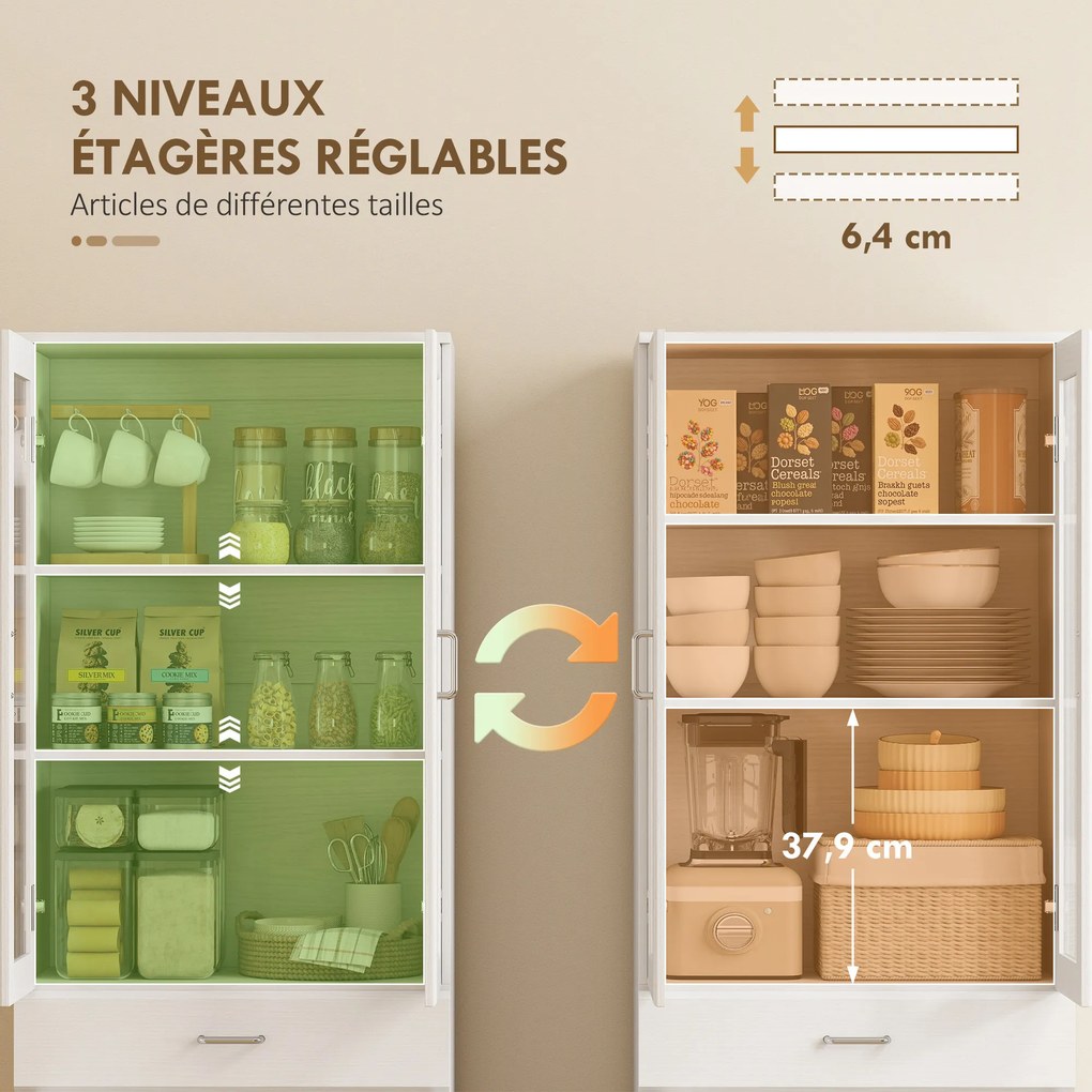 Armário de cozinha 60x35x180 cm, 4 portas, das quais 2 em vidro, gavetas, prateleiras ajustáveis, branco