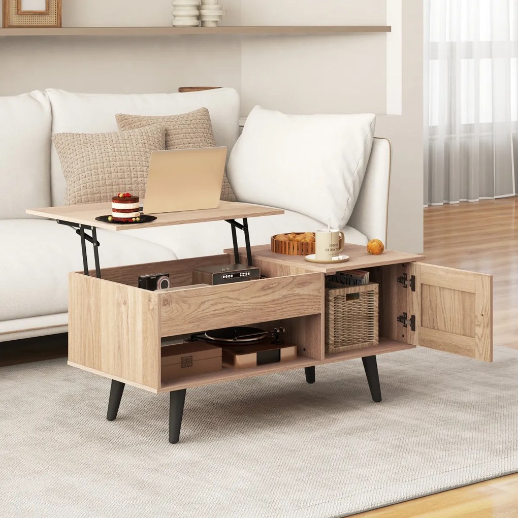 Mesa de centro 100 x 50 x 46 cm com tampo elevável e arrumação rebatível com compartimento oculto e estante para sala de estar natural
