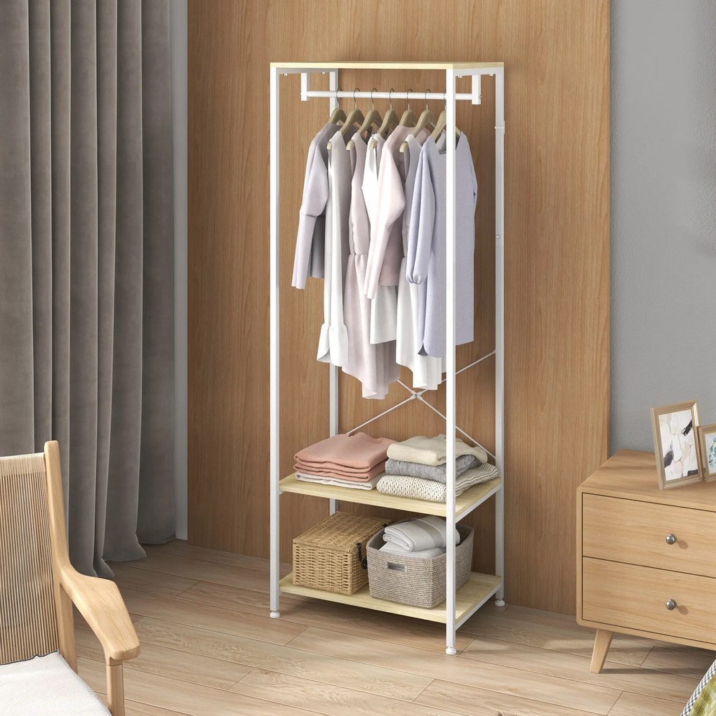 Guarda roupa aberto com varão e 2 prateleiras para sapatos 60 x 40 x 167,5 cm Aspecto de madeira clara e metal branco