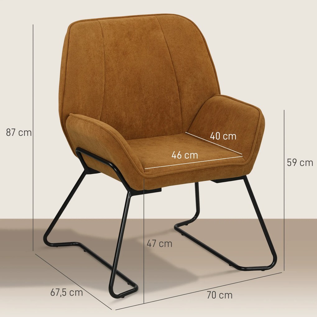 Poltrona Sala de Estar Moderna Poltrona de Leitura com Assento Largo e Acolchoado Estofada em Veludo Pés de Metal 70x67,5x87 cm Castanha
