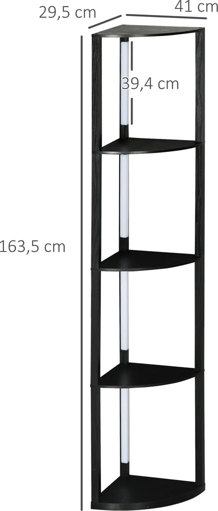 Candeeiro de pé com prateleiras de canto de 4 níveis, lâmpada LED com regulador de intensidade, 41 x 29,5 x 163,5 cm, preto