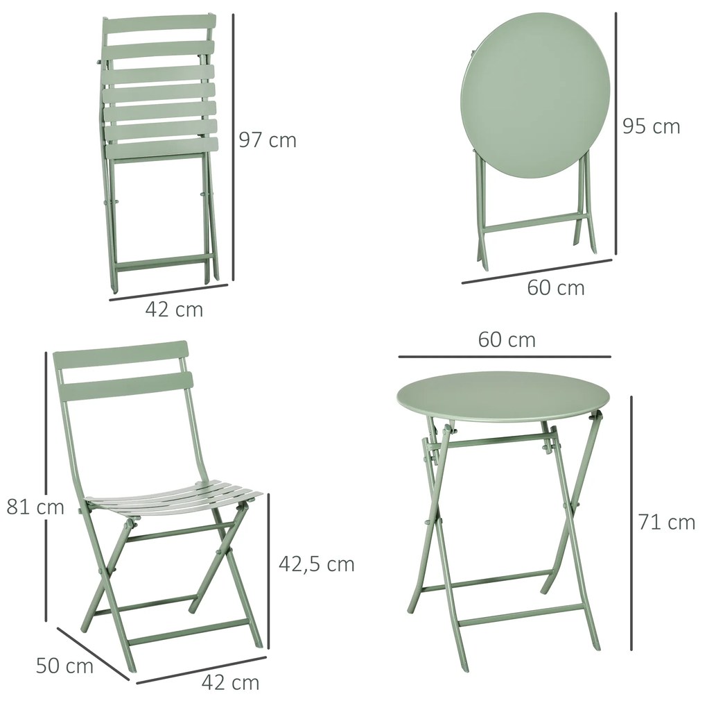 Conjunto de Móveis de Jardim Dobráveis Conjunto de 1 Mesa Redonda e 2 Cadeiras de Varanda com Estrutura de Aço Verde Escuro