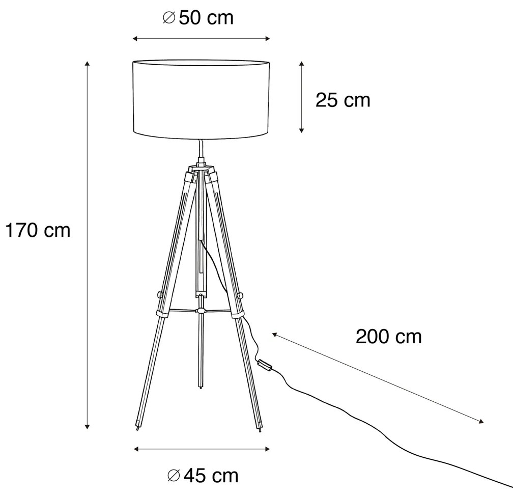 Candeeiro de Pé Tripod em Latão com Abajur em Veludo Castanho 50cm - Cortin