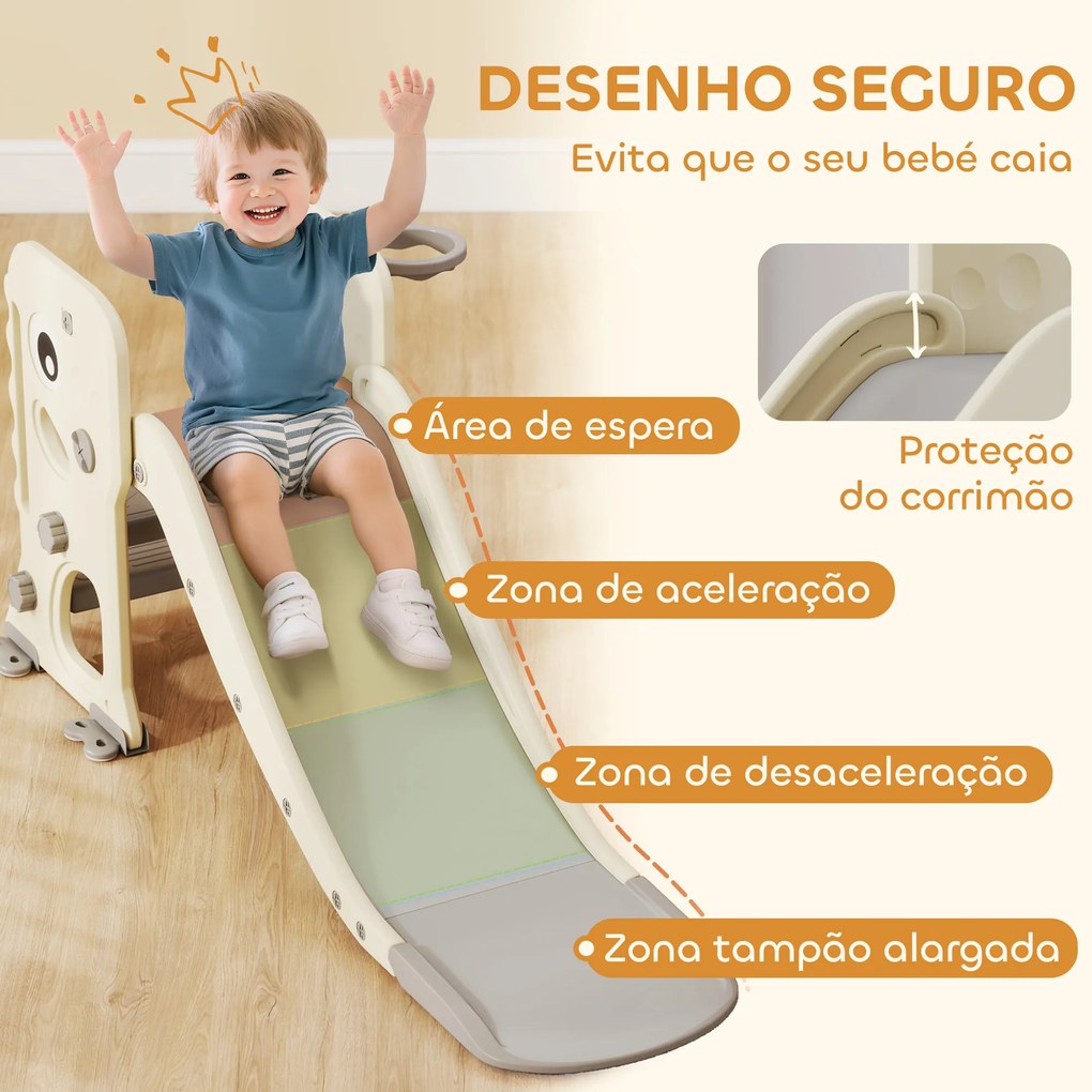 Escorrega Infantil 3 em 1 Dobrável com Escada Cesto de Basquetebol e Desenho de Dinossauro 146x52x65 cm Creme e Cinza