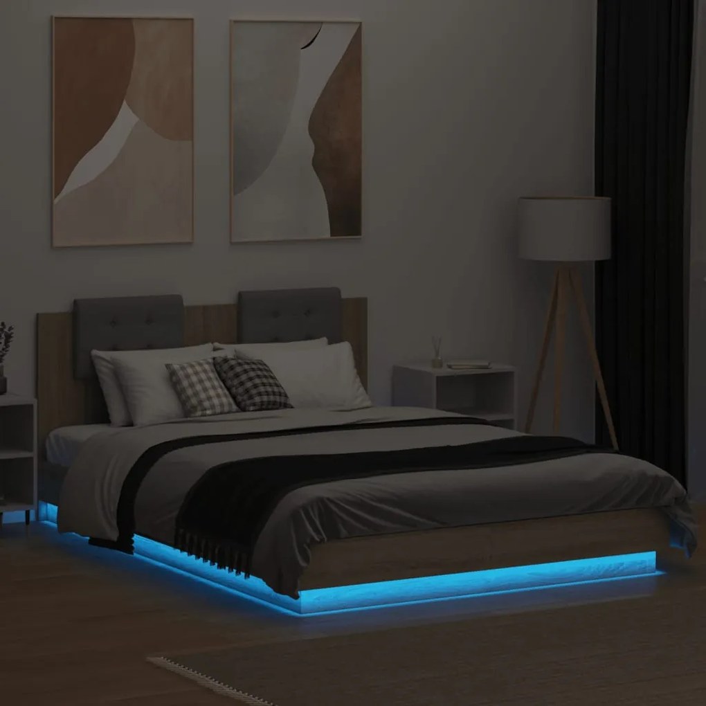 Estrutura cama c/ cabeceira/luzes LED 140x200cm carvalho sonoma