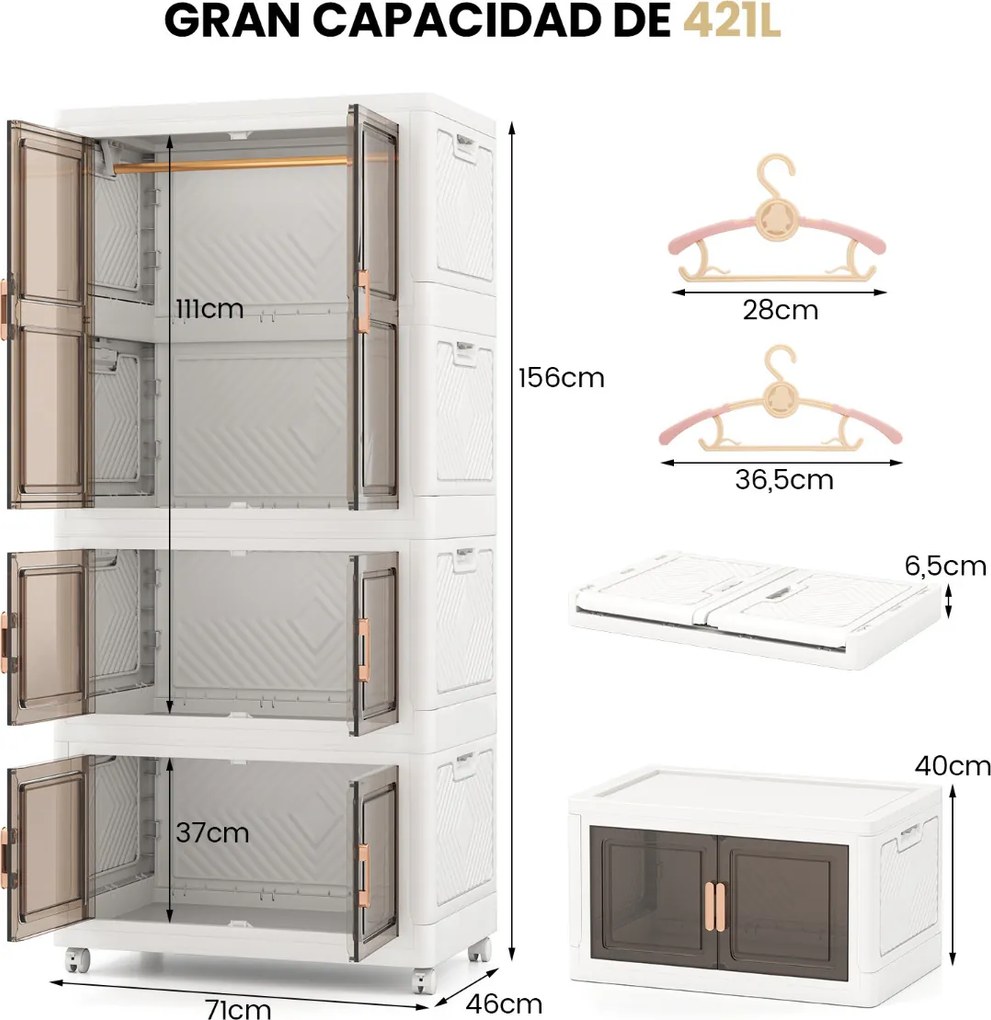 Caixas de arrumação dobráveis 421 L  71 x 46 x 156 cm com tampa de plástico portátil com 10 ganchos 2 Rodas Branco + Castanho