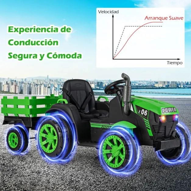 Trator elétrico para crianças 24V com faróis LED RGB Música Porta USB Reboque removível e controle remoto Verde