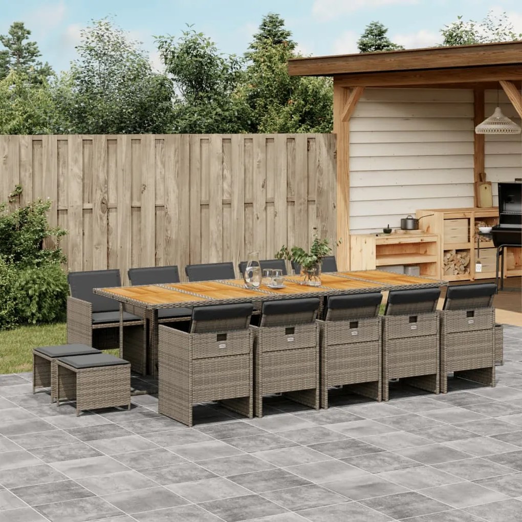 vidaXL 15 pcs conjunto jantar p/ jardim c/ almofadões vime PE cinzento