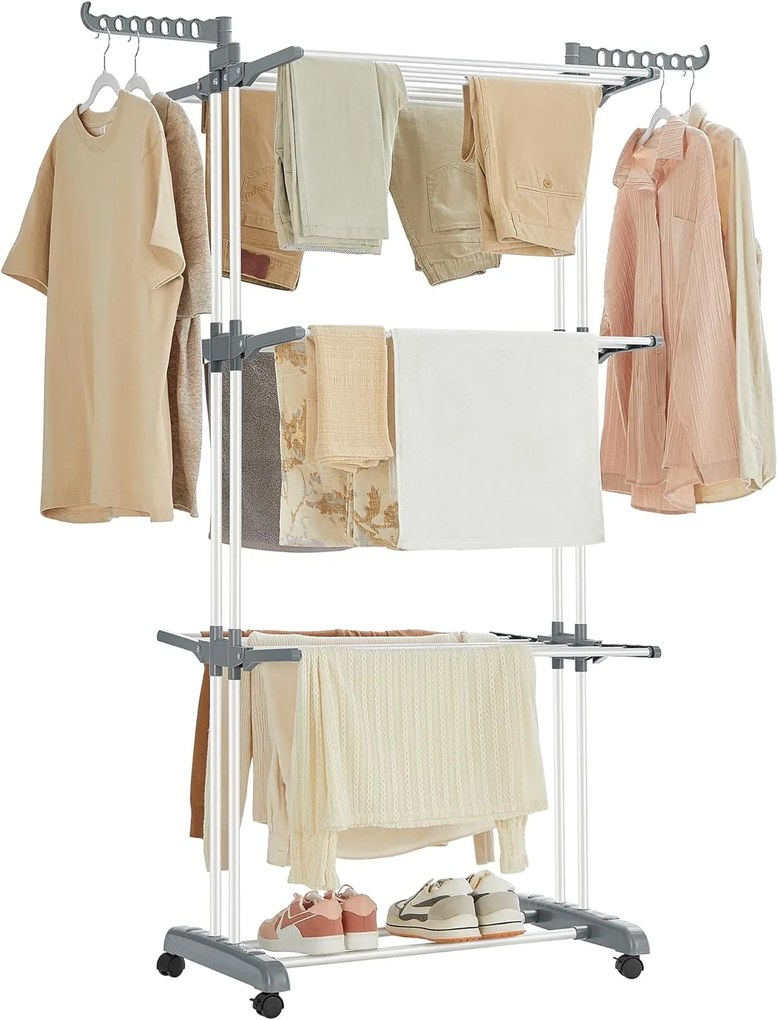 SONGMICS LLR701W01 Secador de Roupas Portátil com Rodas, 4 Níveis, Dobrável, 63,5 x 128 x 173 cm, Grande Capacidade, Fácil Montagem, Uso Interno e Externo, Branco