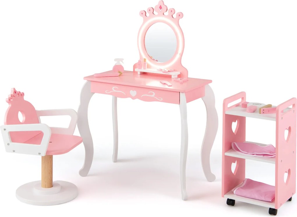 Conjunto de Toucador Infantil com Cadeira e Carrinho Auxiliar, 63 x 35 x 98 cm, Espelho com Iluminação LED de Três Tons, Rosa
