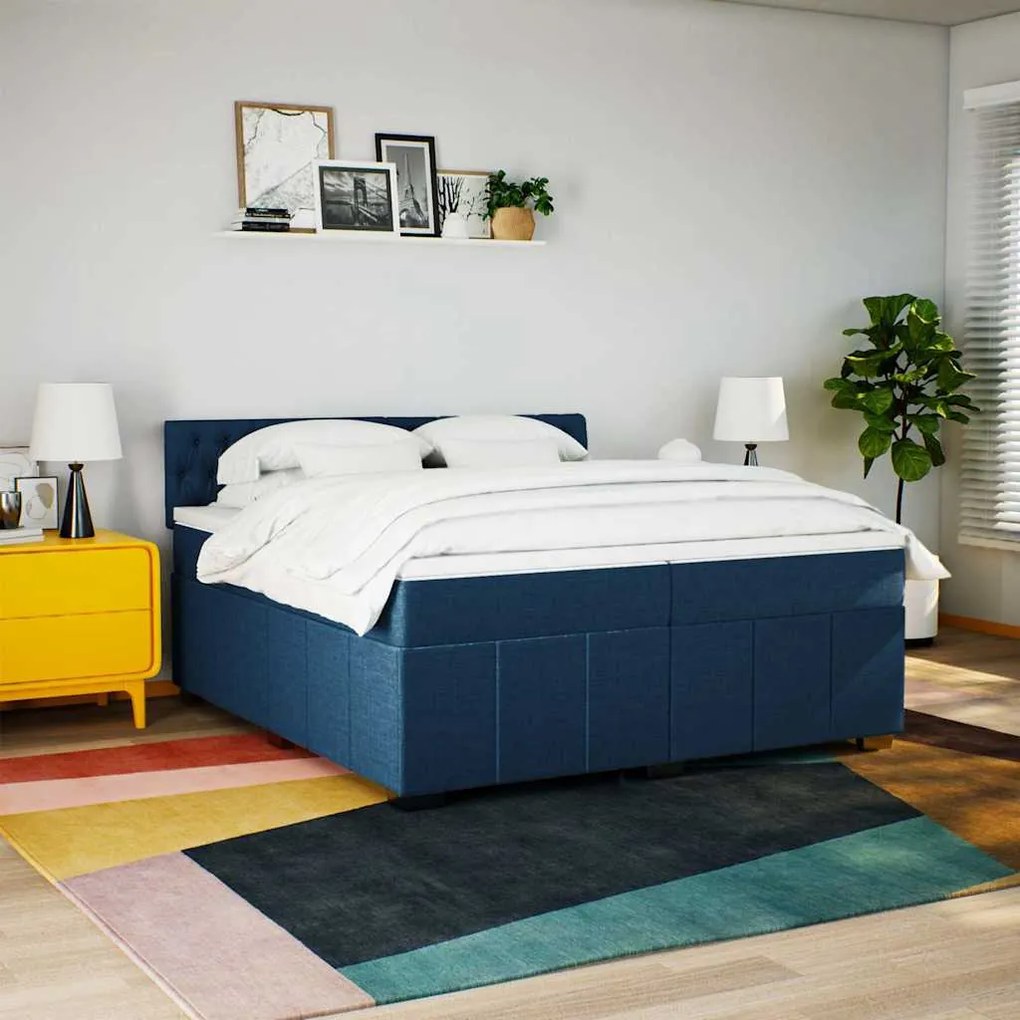Cama com molas/colchão 200x200 cm tecido azul