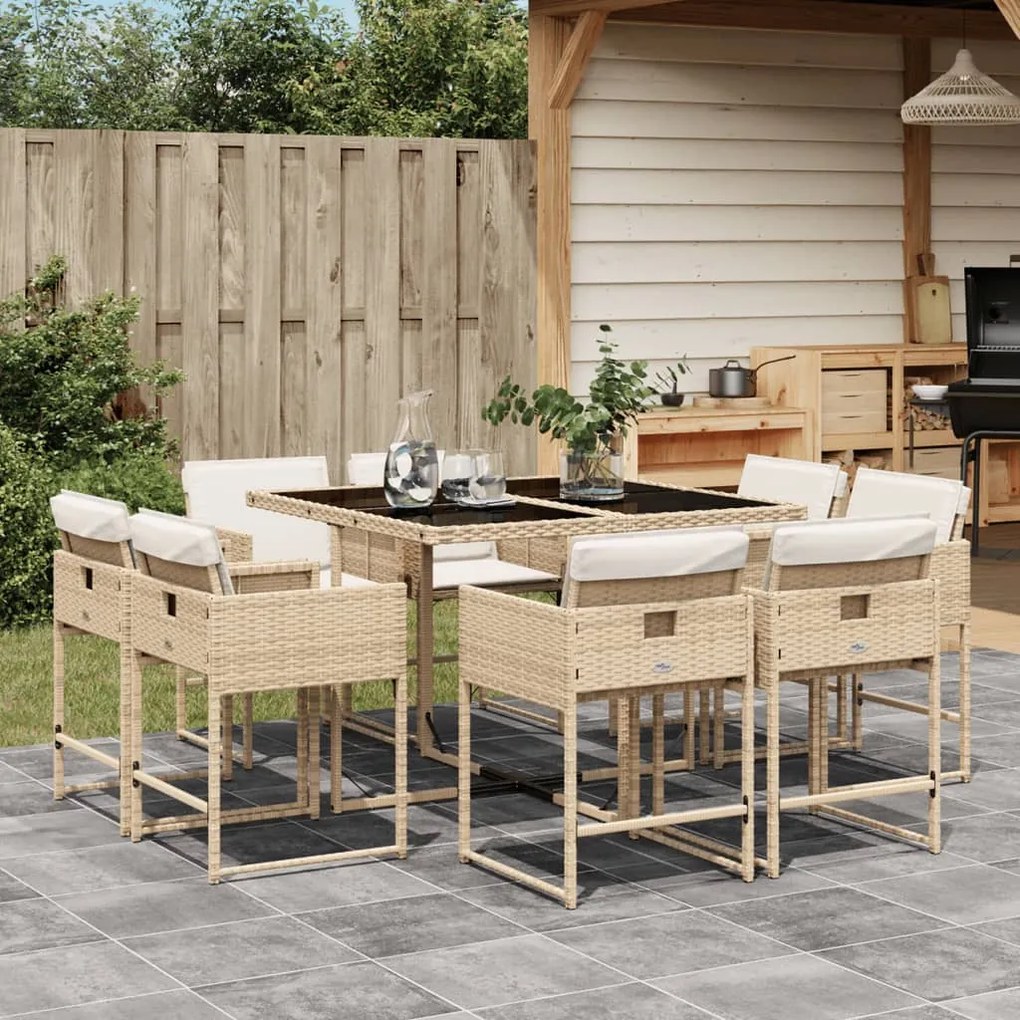 vidaXL 9 pcs conjunto de jantar p/ jardim com almofadões vime PE bege