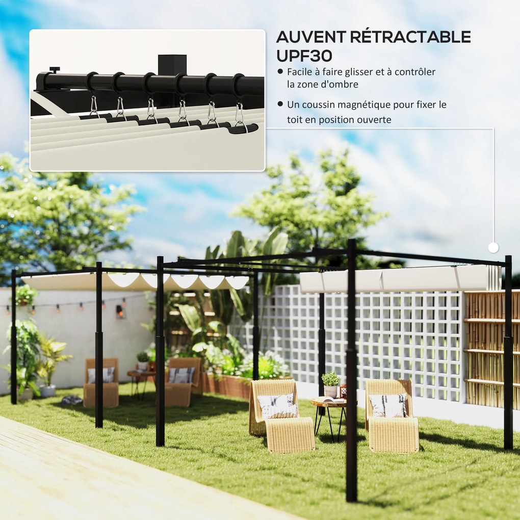 Pérgula de jardim para exterior, 3 x 3 m, com teto retrátil e fixação magnética, abrigo solar UPF30+, cor creme
