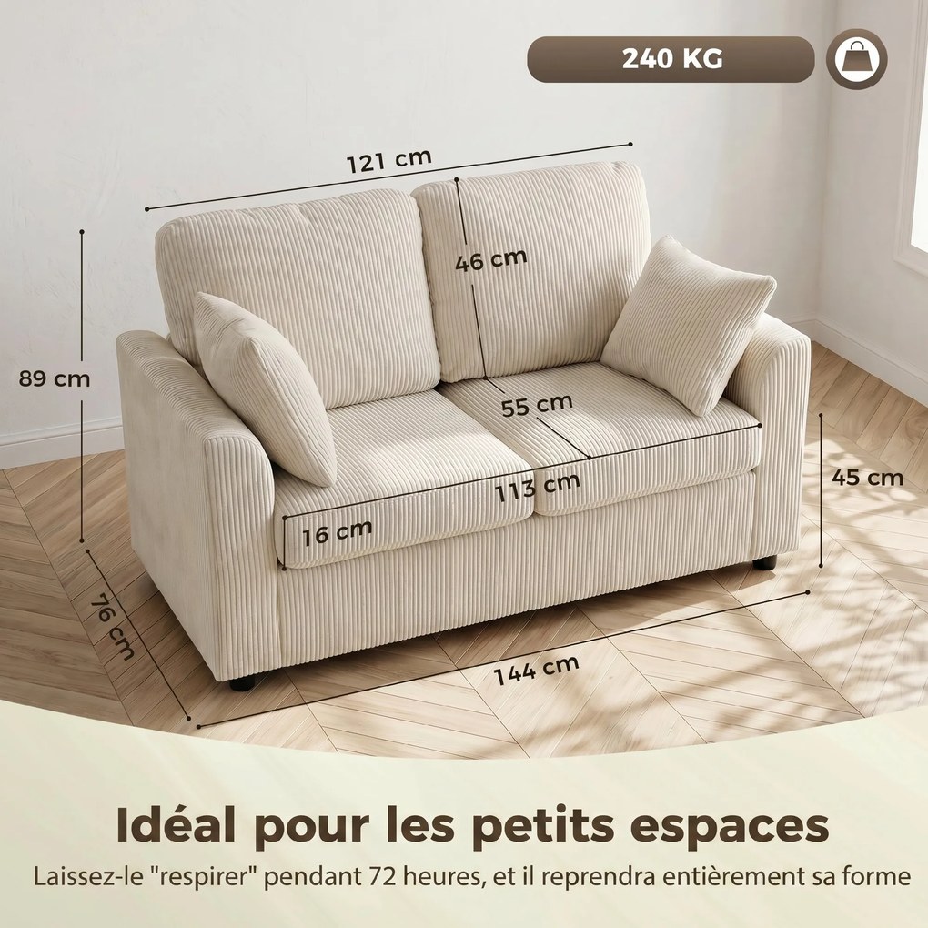 Sofá de 2 lugares pequeno 144 L x 76 P x 89 A cm em veludo canelado, sofá de sala de 144 cm com assento largo estofado, 2 almofadas, bege