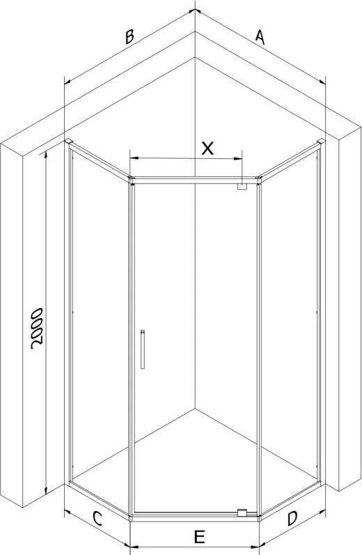 Mexen Exo-R cabina de duche pentagonal com porta de abrir 90 x 90 cm, transparente, dourada - 812-090-090-50-00
