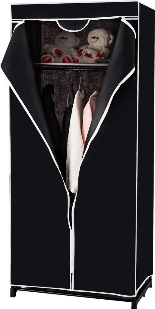 Armario Guarda Roupa de tecido dobrável com fecho de correr Organizador de roupa têxtil com varão de suspensão 74 x 50 x 172 cm Preto