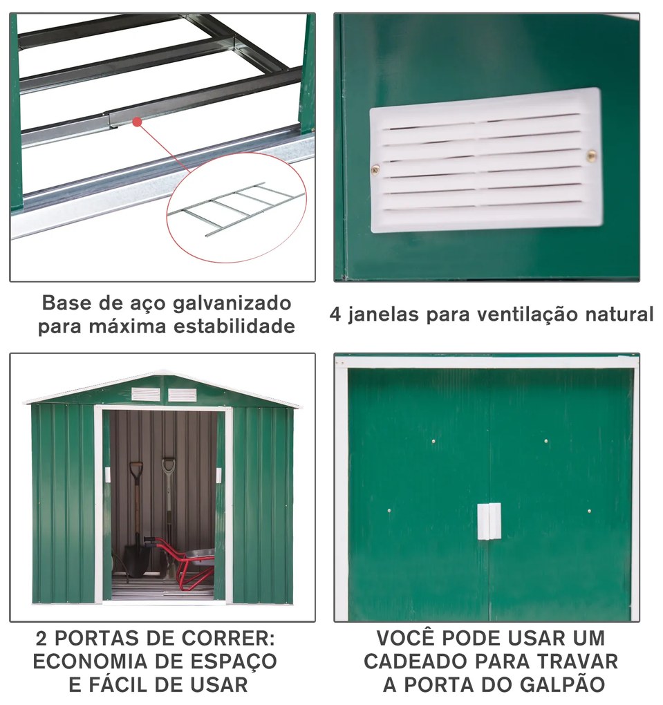 Abrigo de jardim Exterior de Aço com porta deslizante grande espaço de armazenamento 213x127x185 cm Verde