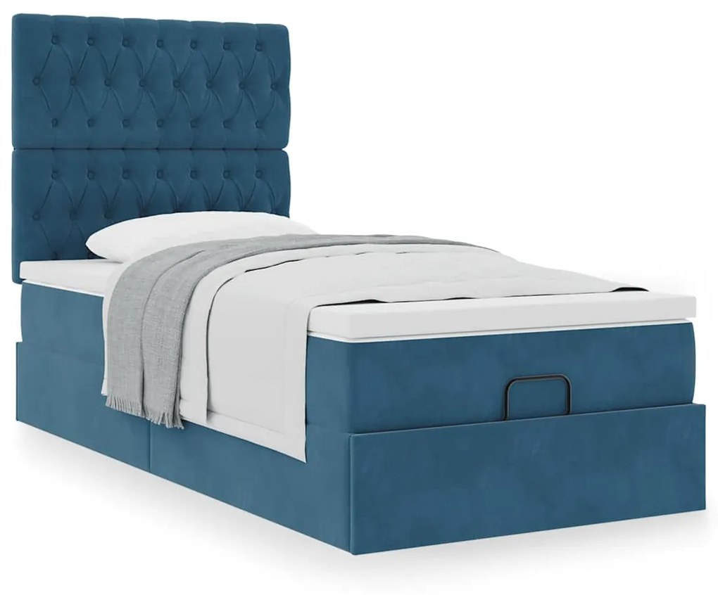 Estrutura cama otomana com colchões azul escuro 90x190cm veludo