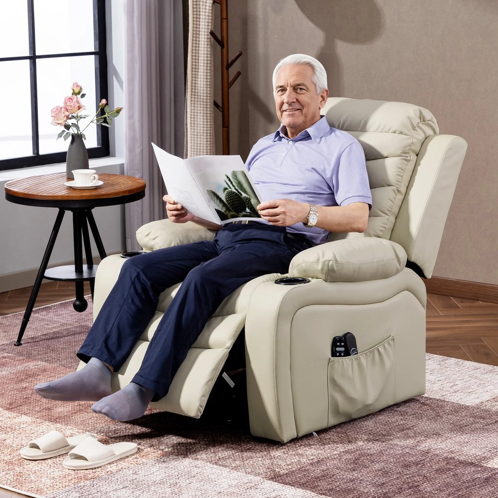 Poltrona Relax Reclinável Elétrica Elevatória com Massagem Vibratória Aquecimento e Porta USB 93x95,5x100 cm Creme