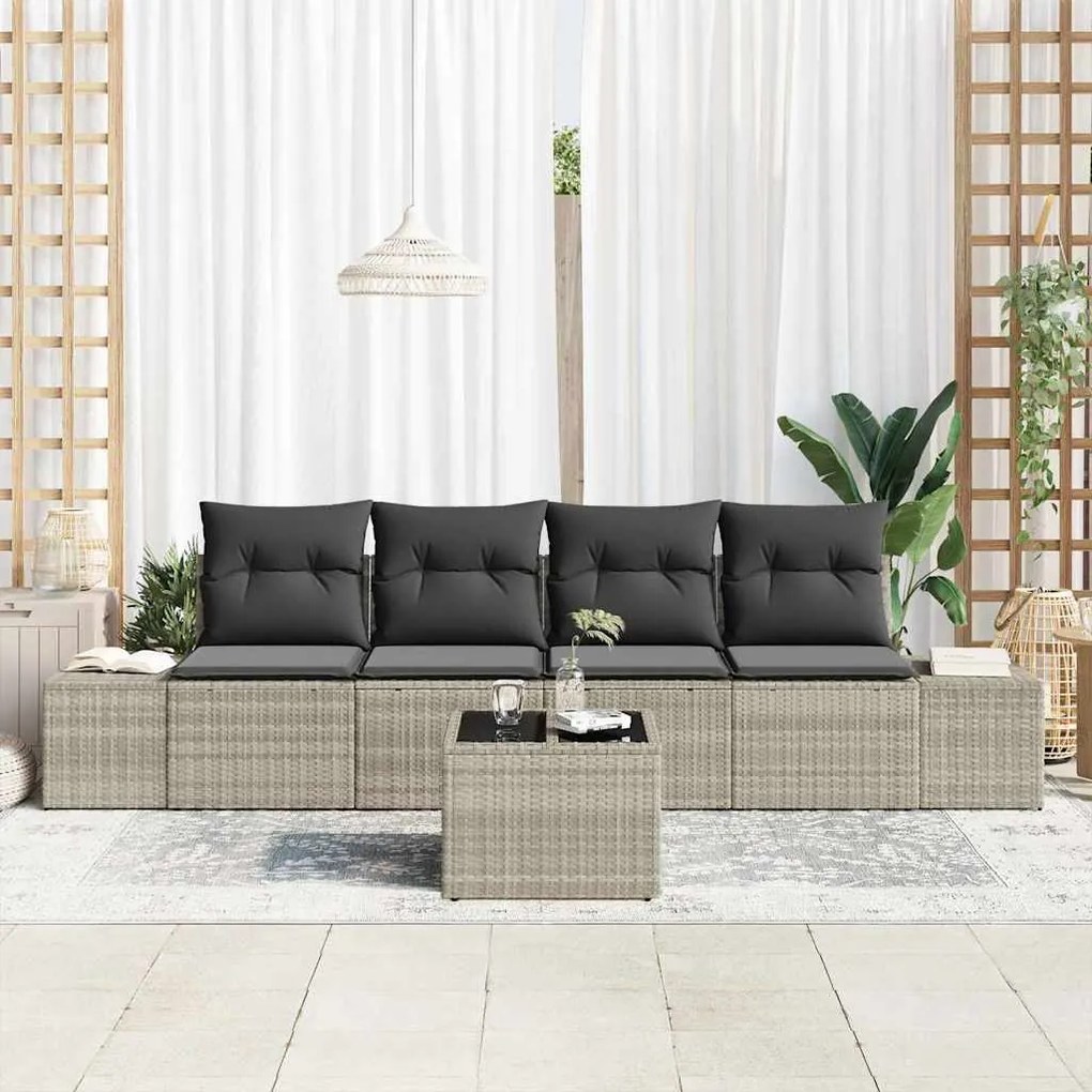 Conjunto de Sofá de Jardim com 5 Peças e Almofadas em Rattan Poliéster