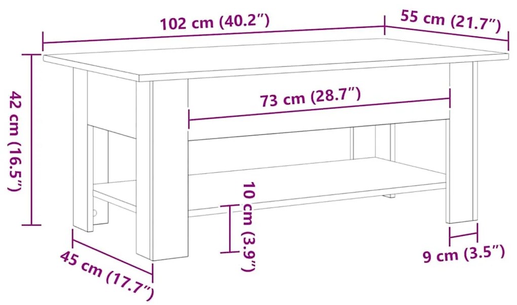 Mesa de café vidaXL em preto e carvalho com dimensões de 102x55x42 cm