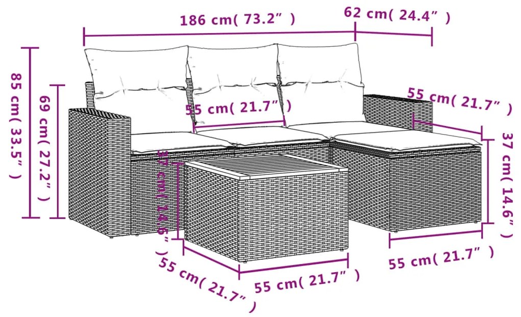 5 pcs conj. sofás jardim c/ almofadões vime PE bege misturado