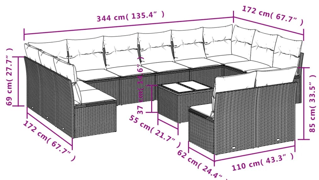 13 pcs conjunto de sofás p/ jardim com almofadões vime PE bege