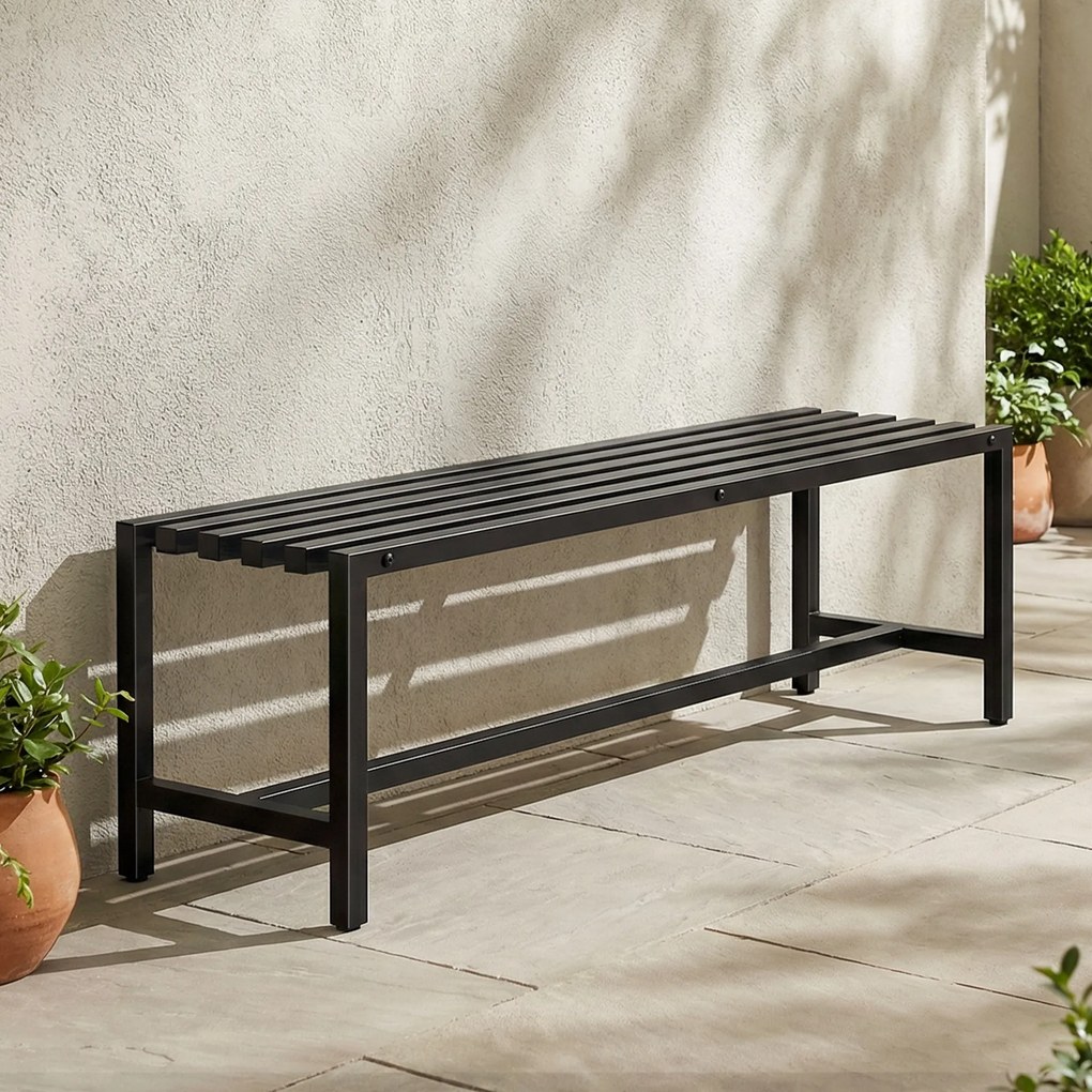 Banco de jardim de 2 lugares em aço galvanizado 117 x 36 x 44 cm, assento com ripas, sem encosto, capacidade para 240 kg, preto