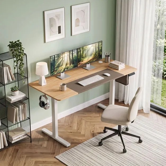 Secretária Elétrica para Escritório, 140 x 60 x 72-118 cm, Regulável com 3 Memórias, Natural + Branco