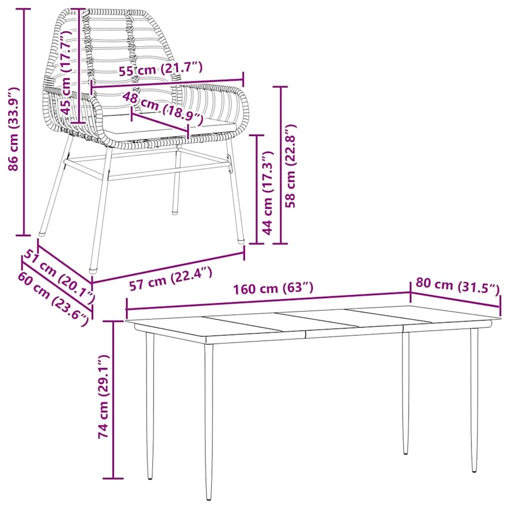 Conjunto jantar jardim 7 peças almofadas vidro vime PE castanho